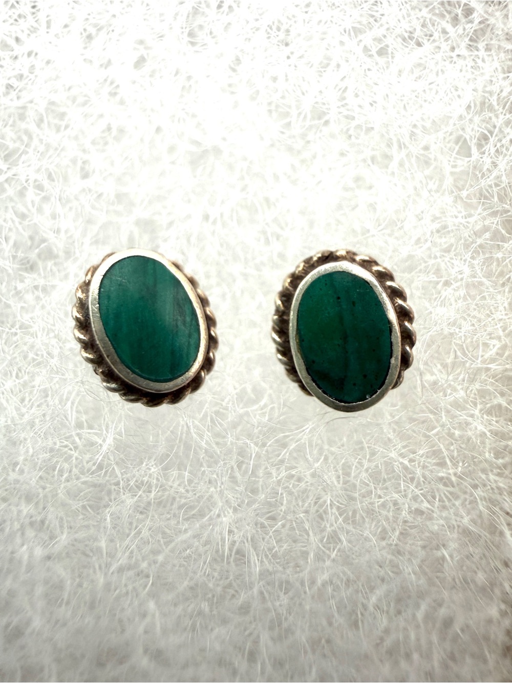 Sterling Silver 925 Malachite Stud Earrings Bezel Oval Green